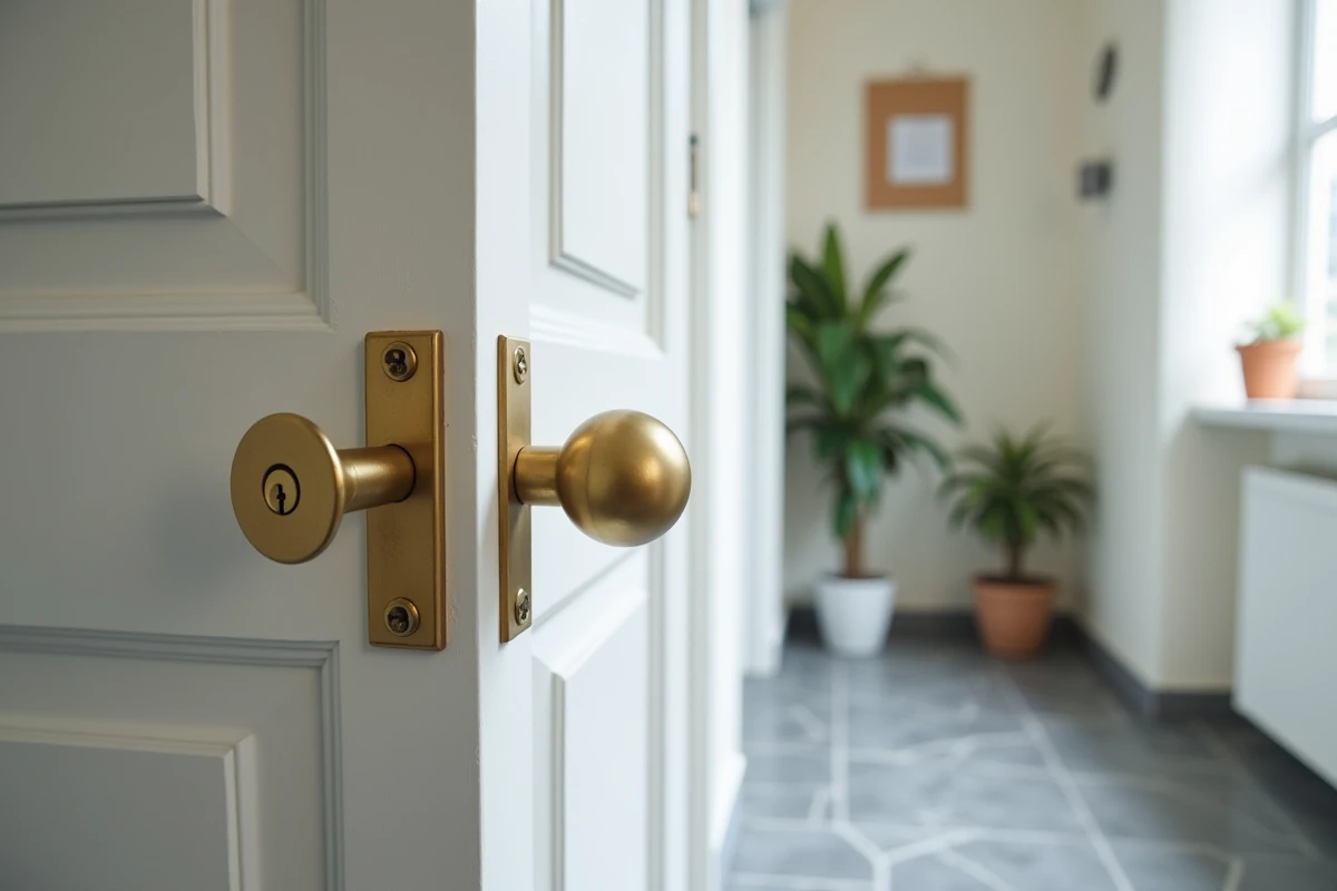 Gros plan sur une nouvelle serrure installée sur une porte d'appartement, symbolisant un changement de serrure non autorisé par un ex-conjoint