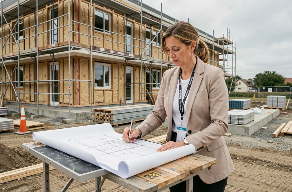Coordinatrice Ouest Coordination Travaux examinant des plans sur un chantier de rénovation résidentielle