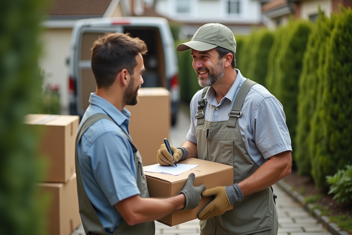 Ouvrier de déménagement signant un document devant une maison