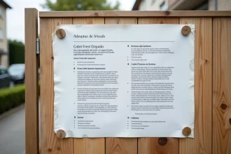 Panneau de déclaration préalable de travaux affiché sur une clôture en bois devant un chantier résidentiel en France