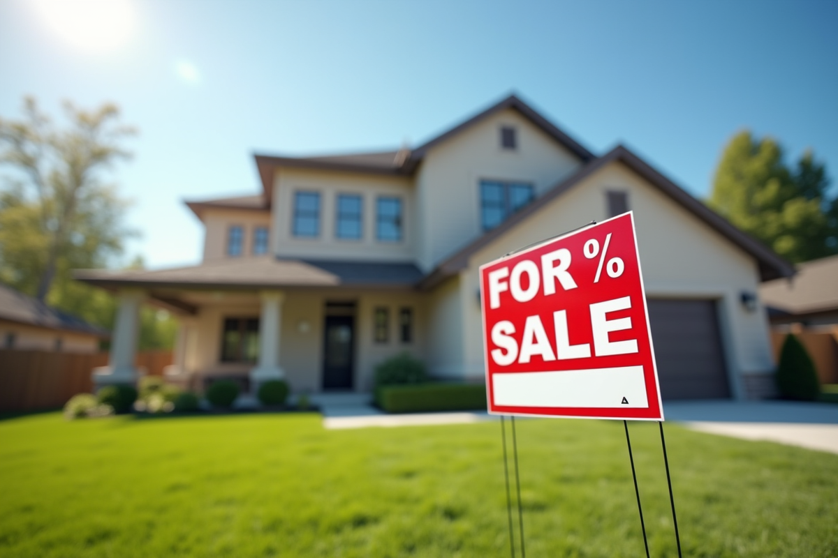 Panneau vente avec sticker de réduction devant une maison moderne