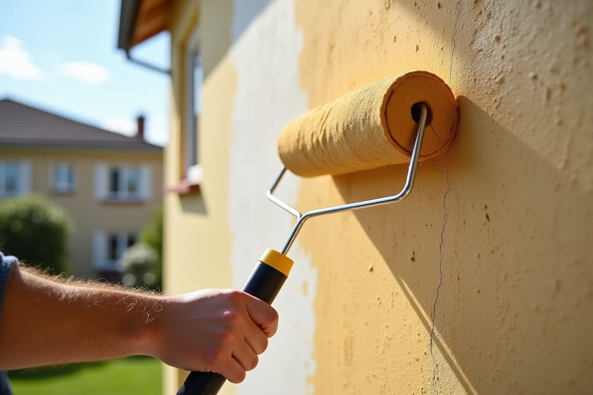 Travailleur appliquant une nouvelle couche de peinture sur une façade résidentielle