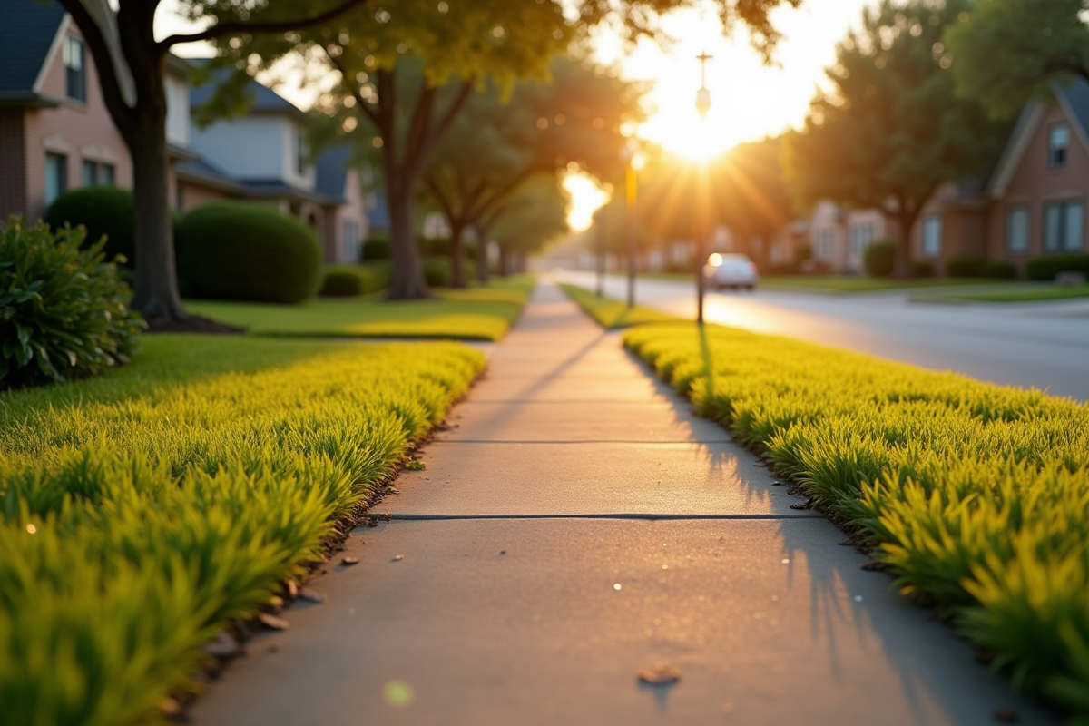 Gazon entre trottoir et rue dans un quartier Texas