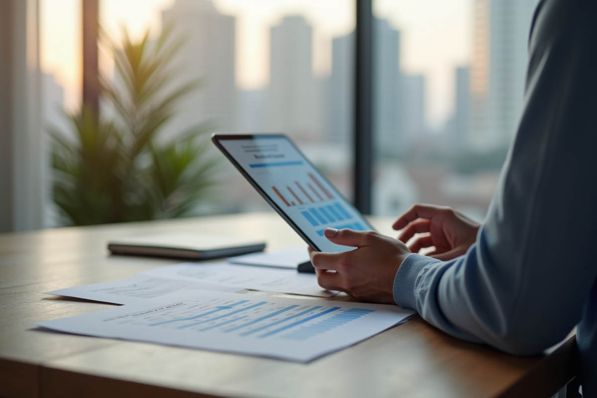 Personne à un bureau avec documents fiscaux et graphique de profits