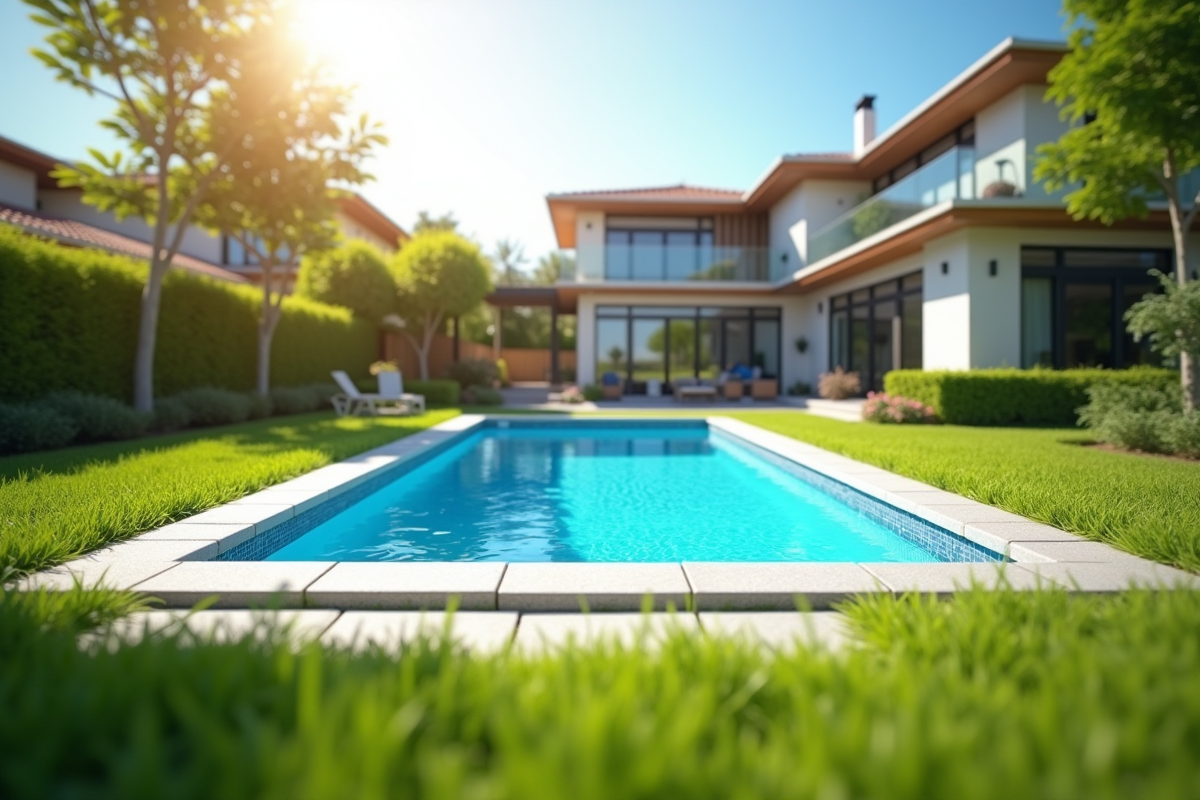 Piscine familiale dans un jardin ensoleille sans barriere