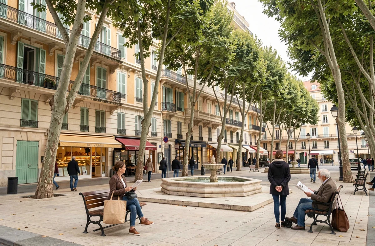 Place publique paisible dans un arrondissement sécurisé de Marseille avec des résidents locaux lors de leur routine quotidienne