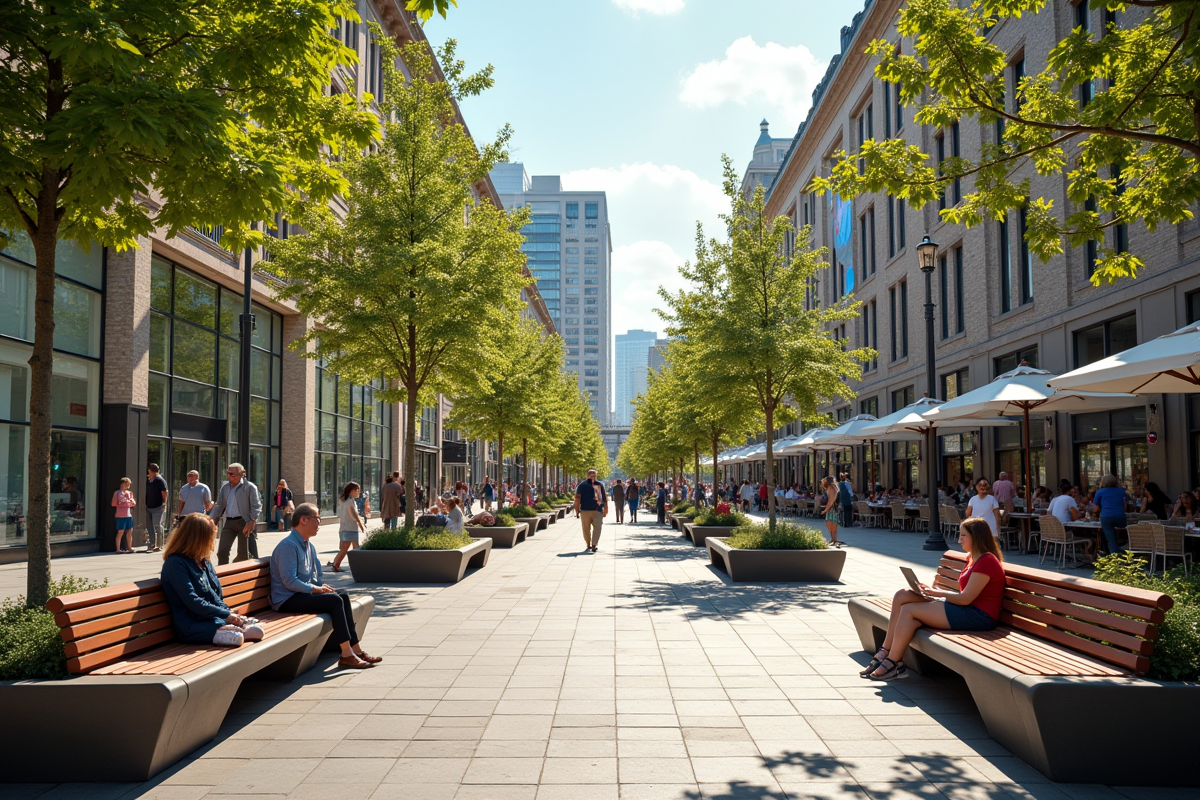 Place urbaine renovée avec espaces modernes et arbres