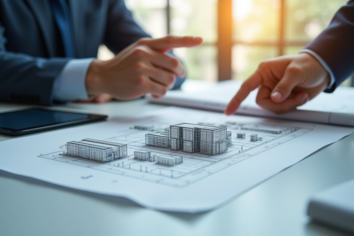 Bureau d'architecte avec plans et tablette 3D