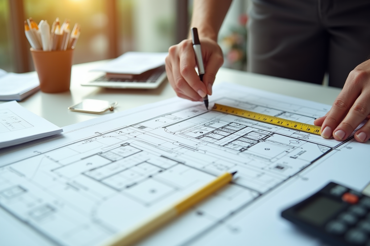 Plan architectural détaillé avec mains mesurant surface