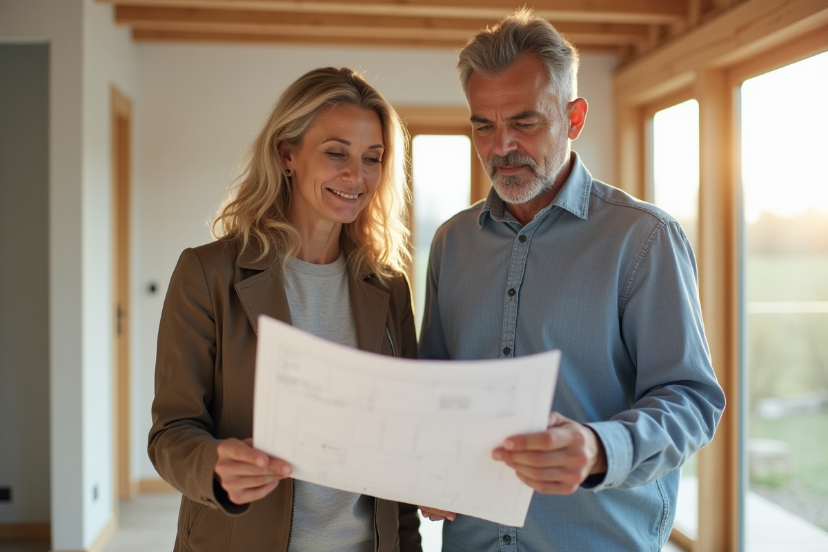 Couple de 40 ans examinant des plans de construction dans une maison lumineuse
