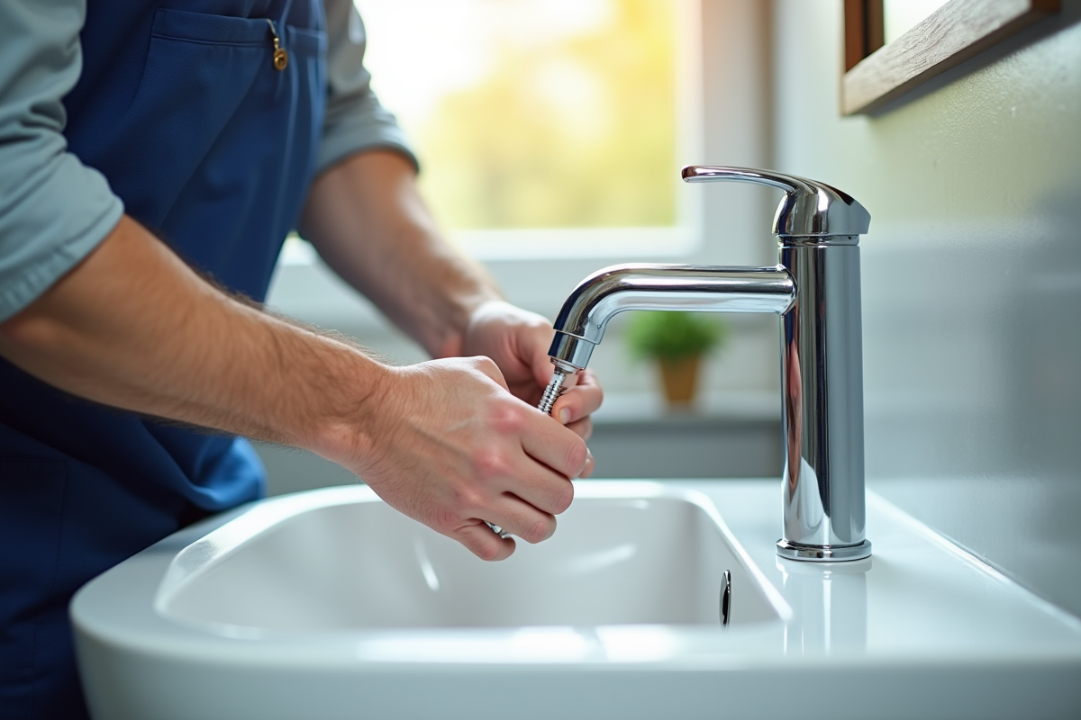Plombier installant un robinet neuf dans une salle de bain moderne