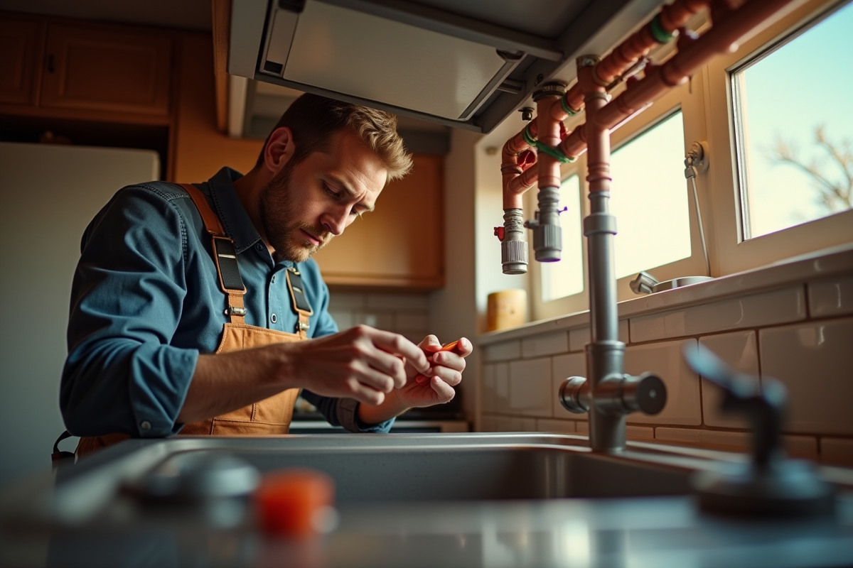 Plombier inspectant des tuyaux en cuivre sous un évier de cuisine