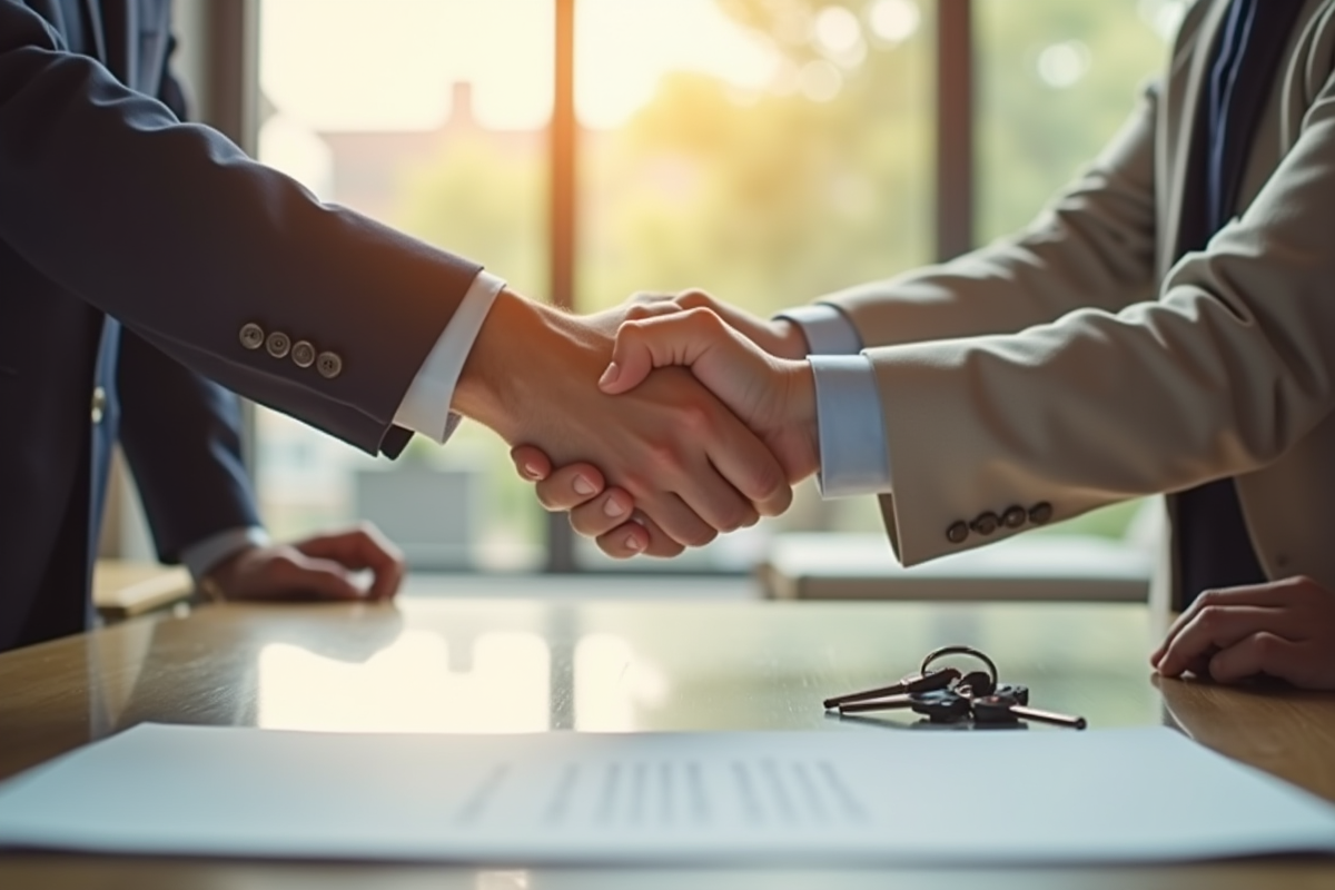 Poignée entre agent immobilier et client dans salon lumineux
