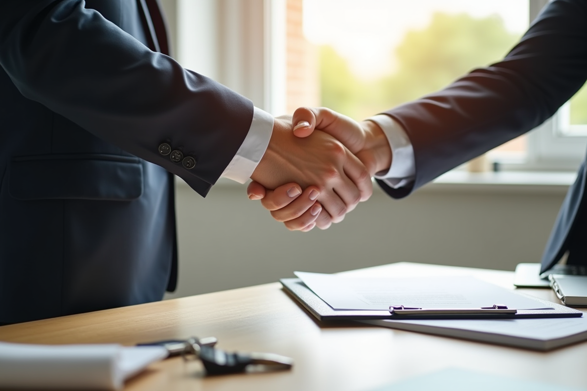 Poignée de mains professionnelles avec contrat et clés