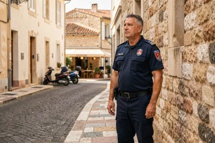 Policier municipal en patrouille dans une rue calme et résidentielle de Marseille avec des bâtiments provençaux typiques