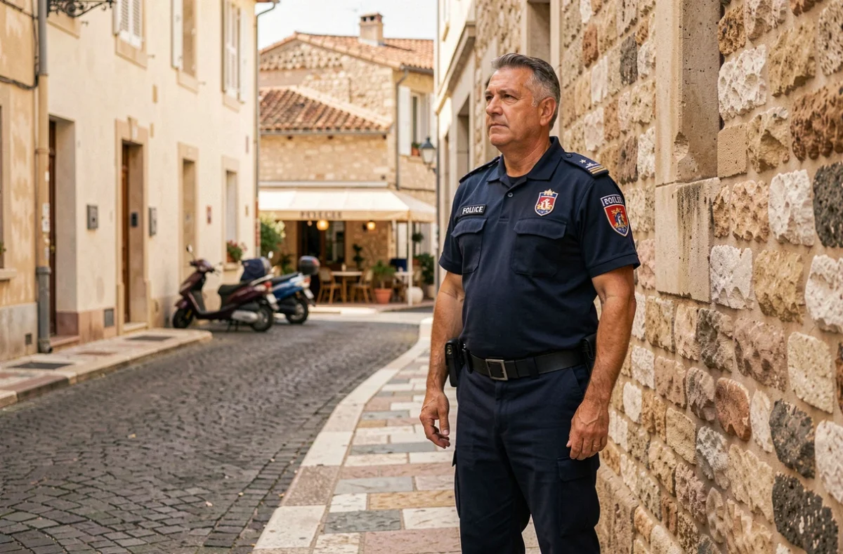 Policier municipal en patrouille dans une rue calme et résidentielle de Marseille avec des bâtiments provençaux typiques