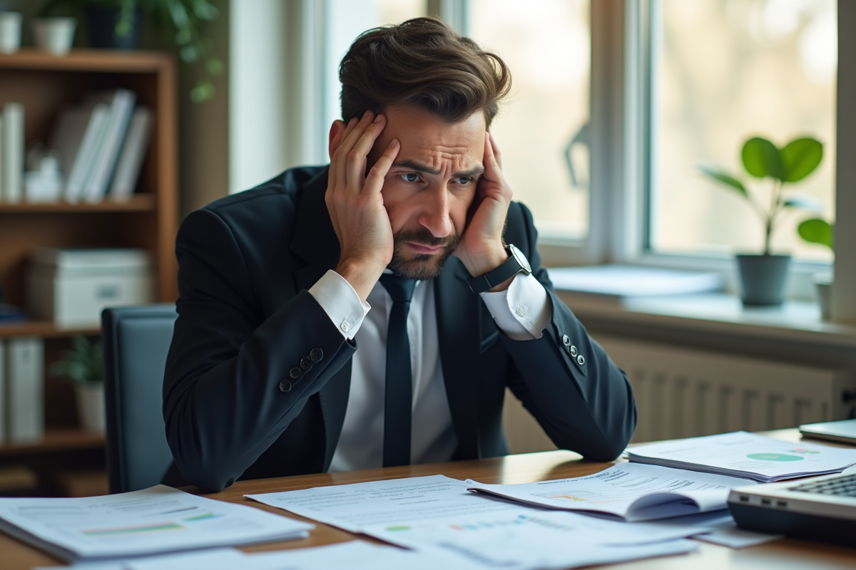 Professionnel stressé au bureau avec documents immobiliers
