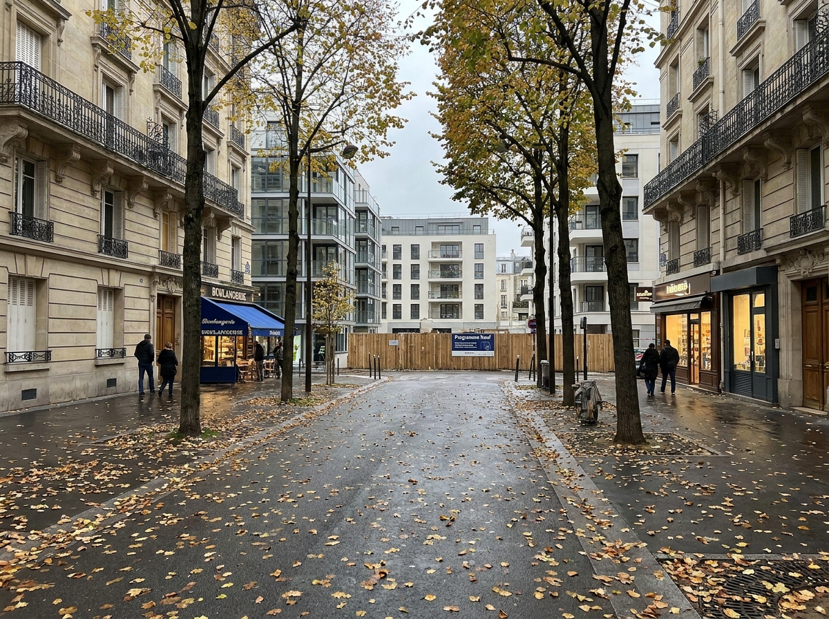 Immeuble résidentiel neuf en construction dans une rue arborée de Clamart en automne