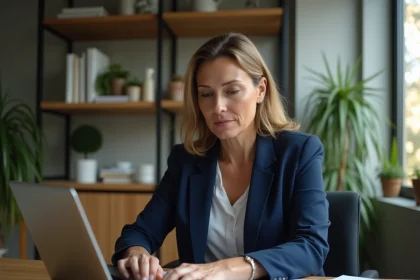 Propriétaire analysant des documents de loyer et des indices ICC sur un bureau en bois dans un bureau à domicile moderne