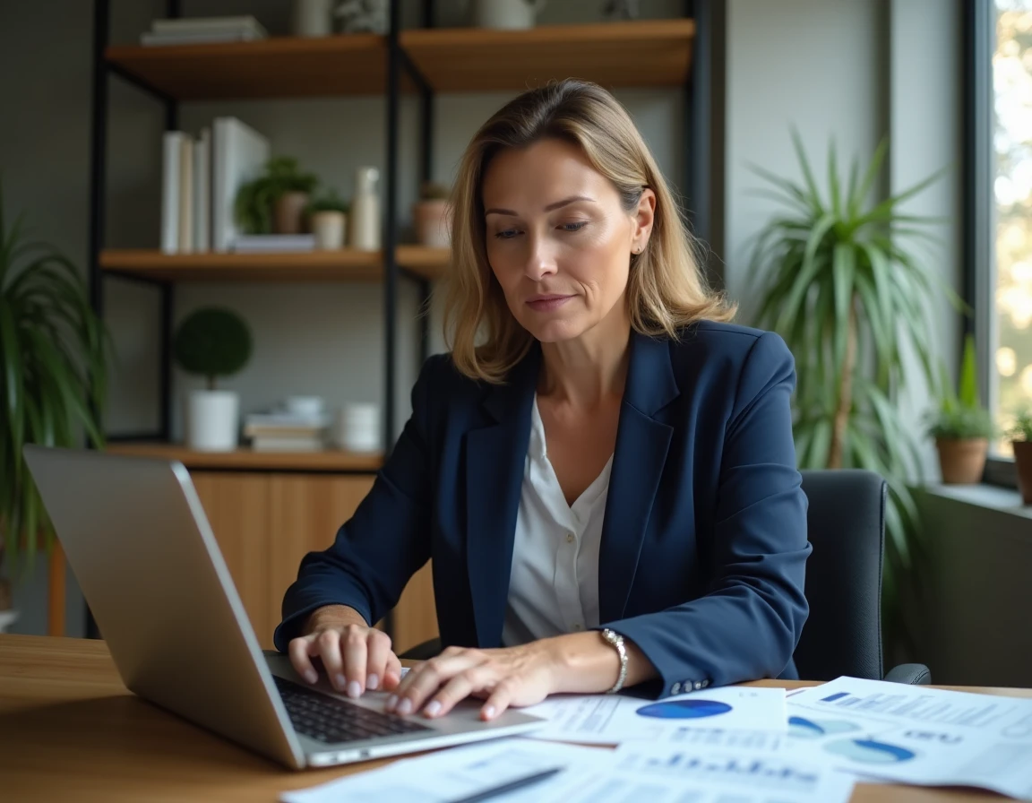 Propriétaire analysant des documents de loyer et des indices ICC sur un bureau en bois dans un bureau à domicile moderne
