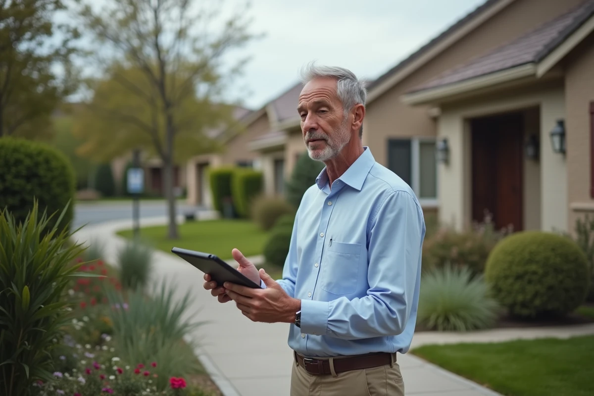 Propriétaire évaluant sa maison avec une estimation immobilière gratuite sur tablette devant sa propriété