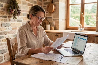 Propriétaire de gîte rural examinant ses documents fiscaux liés au régime Itea à une table en bois