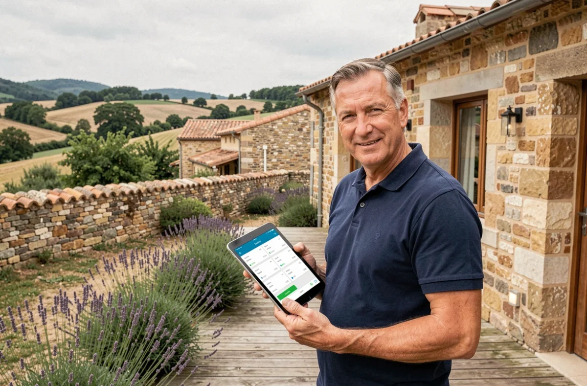 Propriétaire de location saisonnière consultant son tableau de bord de gestion sur tablette devant son gîte en pierre