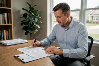 Propriétaire non occupant consultant un devis d'assurance habitation à son bureau