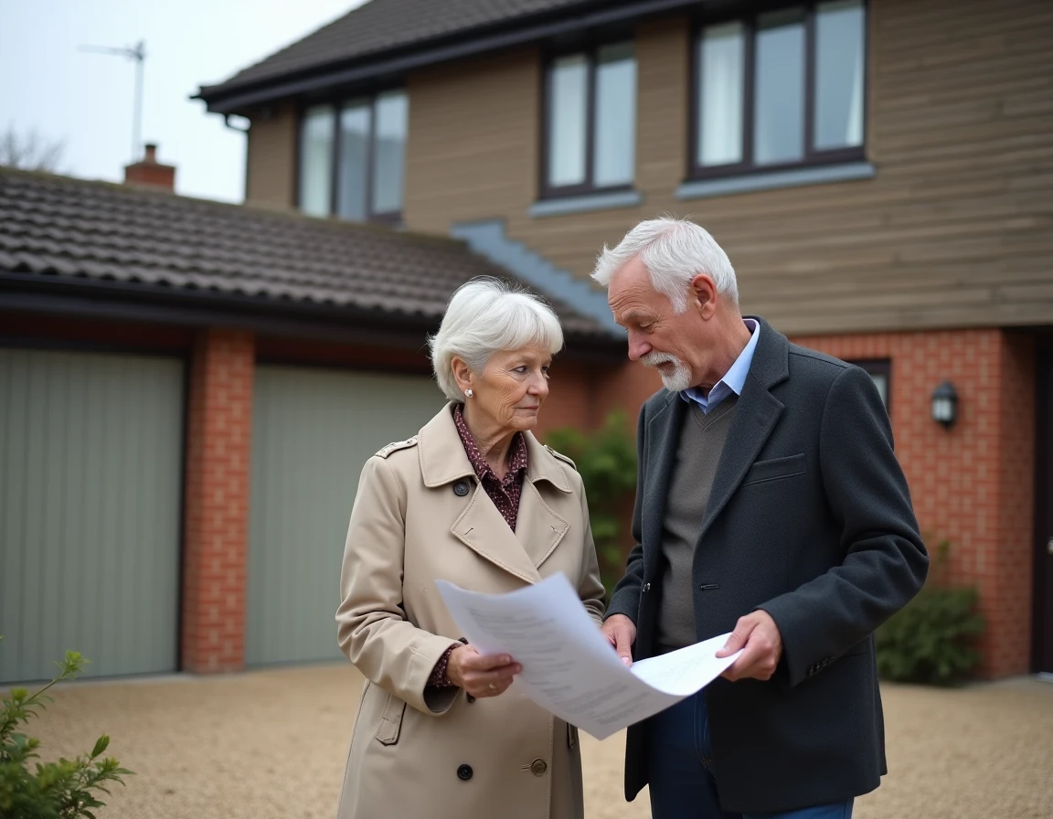 Couple de propriétaires évaluant leur maison mitoyenne avec garage avant une mise en vente immobilière