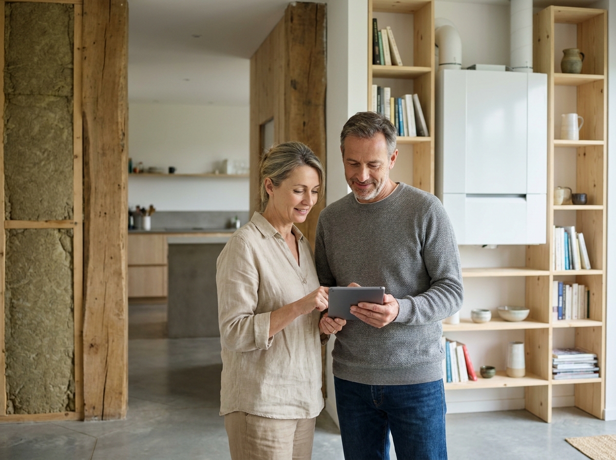 Couple de propriétaires bretons consultant des données énergétiques sur tablette dans le salon de leur maison passive aux murs bien isolés et ventilation double flux