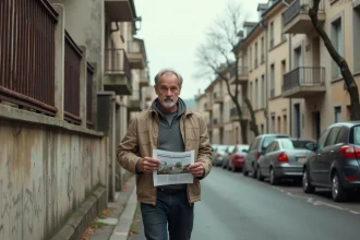 Homme examinant une annonce immobilière dans une rue résidentielle vieillissante de Blois, façades décrépites et trottoirs usés