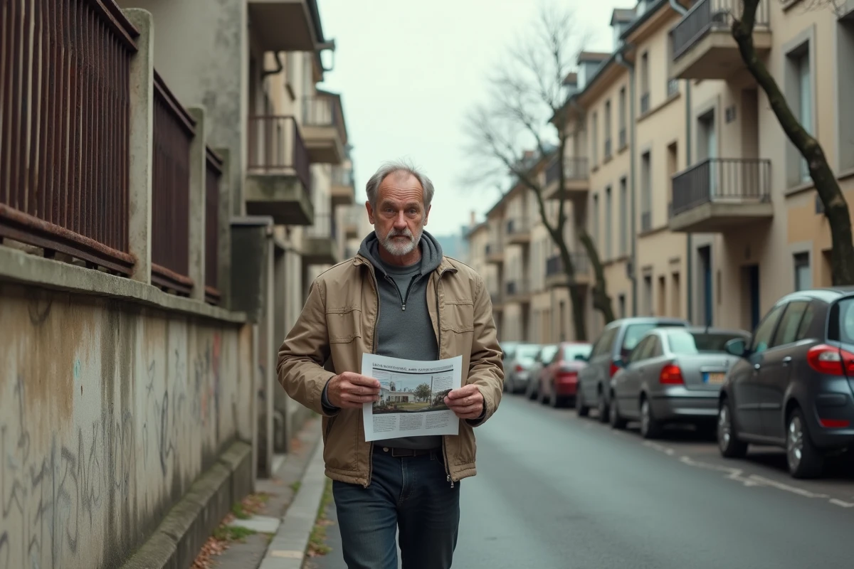 Homme examinant une annonce immobilière dans une rue résidentielle vieillissante de Blois, façades décrépites et trottoirs usés