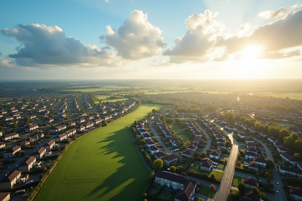 Quartier résidentiel neuf avec paysage rural contrasté