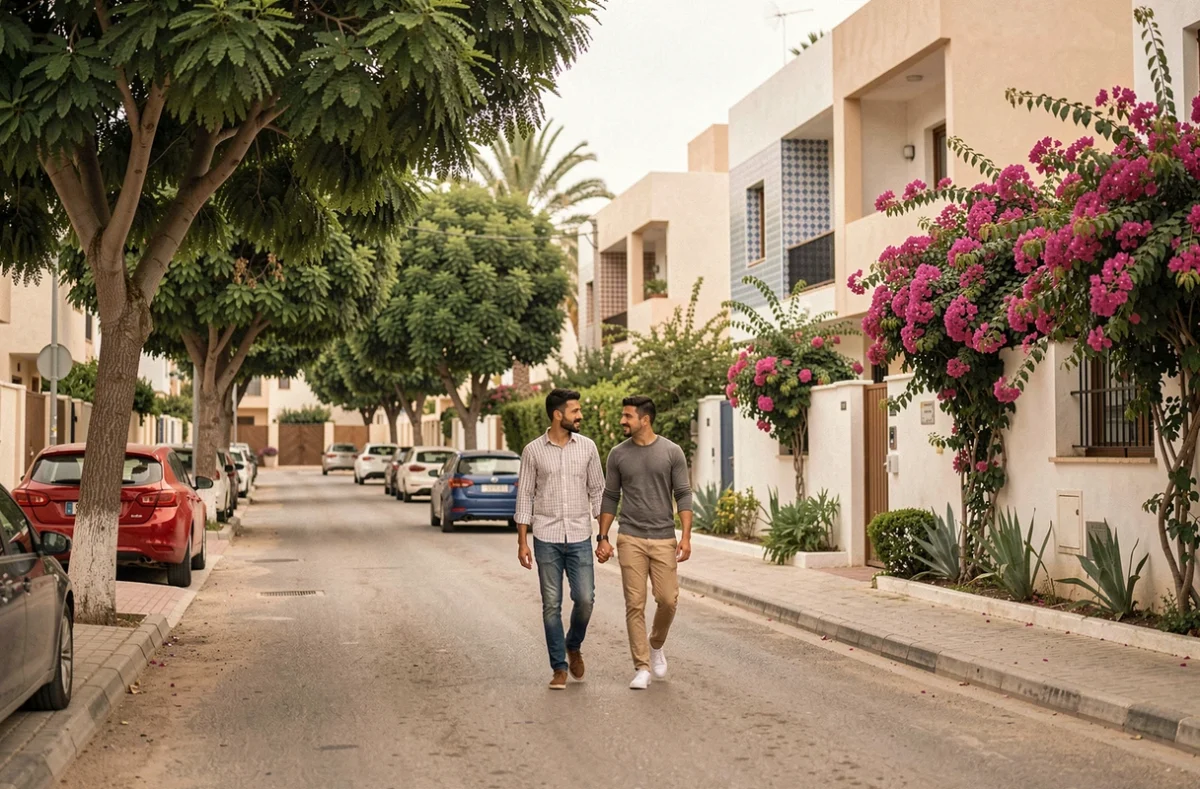 Avenue résidentielle calme d'Essaouira idéale pour s'installer à l'année, avec villas et jardins fleuris