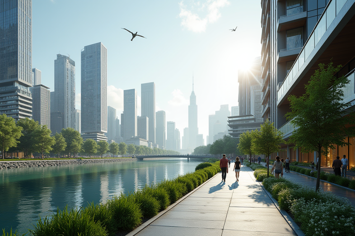 Quartier urbain moderne avec espaces verts et promenade