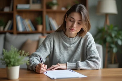 Femme r&eacute;digeant une lettre de pr&eacute;avis d'appartement &agrave; la main sur un bureau en bois avec un bail pos&eacute; &agrave; c&ocirc;t&eacute;