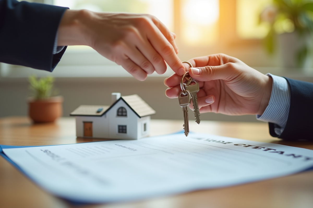 Main remettant des clés de logement avec contrat sur une table en bois