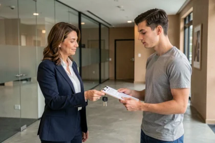 Agente immobilière remettant des clés à un locataire avec un document attestation à signer dans le hall d'un immeuble moderne