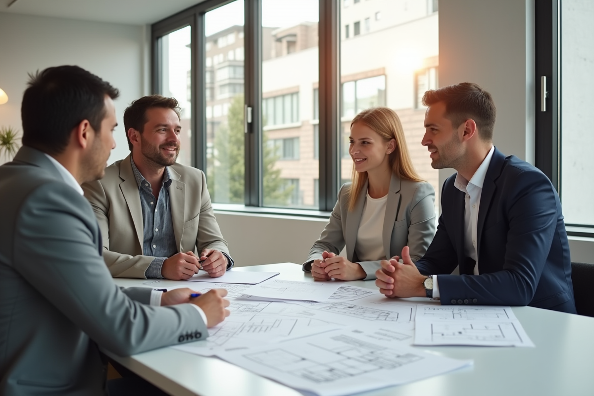 Couple rencontrant un conseiller immobilier dans un bureau lumineux