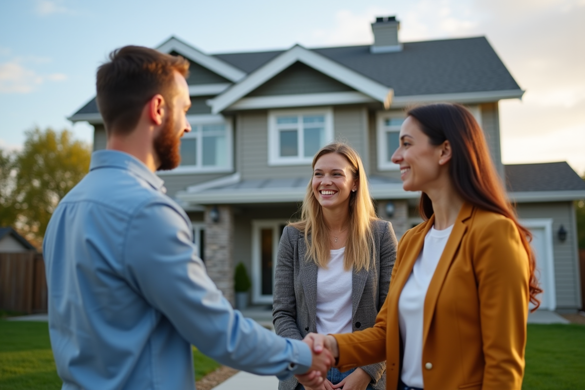 Jeune couple souriant avec agent immobilier devant maison