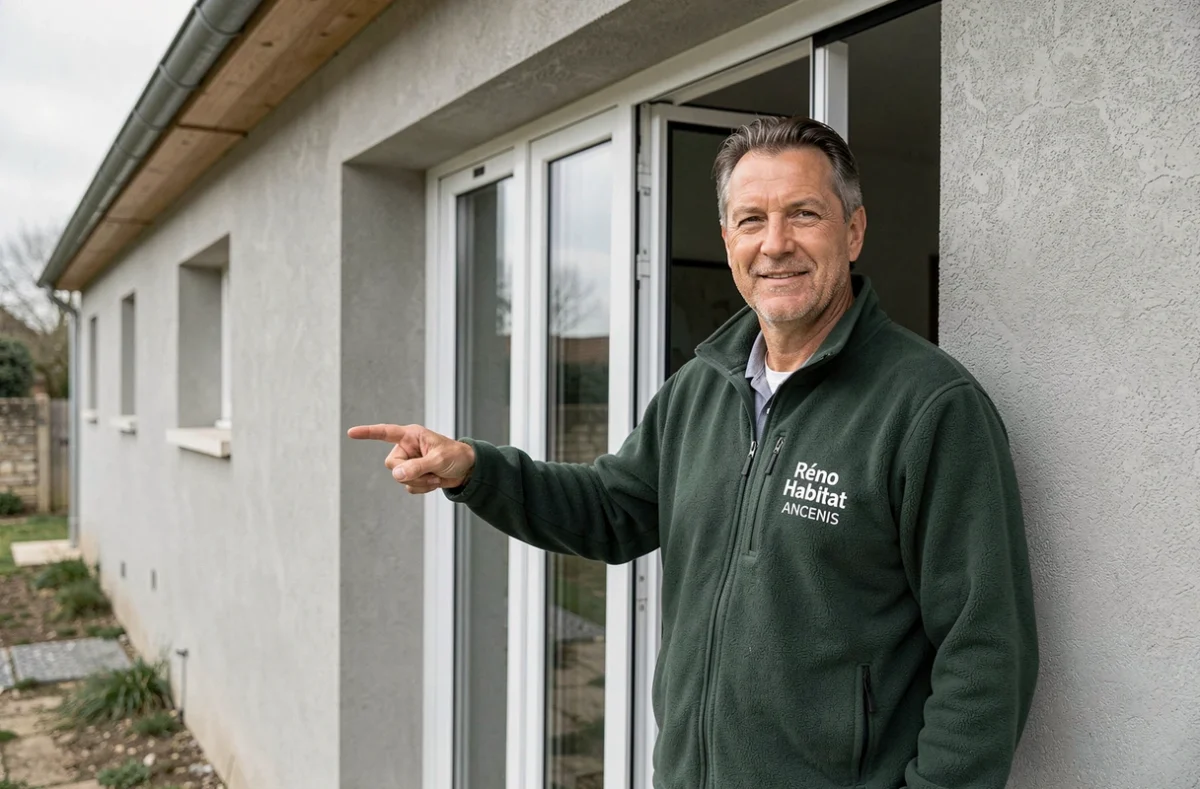 Chef de projet Réno Habitat Ancenis devant une maison rénovée avec nouvelles fenêtres double vitrage à Ancenis