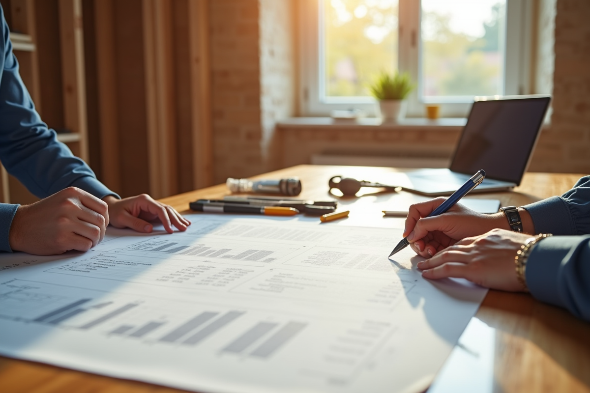 Entrepreneur et propriétaire examinant des plans de rénovation