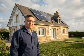 Entrepreneur en rénovation énergétique devant une maison rénovée en Loire-Atlantique avec panneaux solaires et isolation extérieure