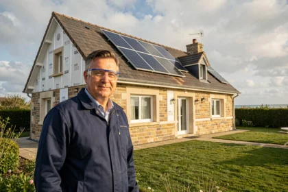 Entrepreneur en rénovation énergétique devant une maison rénovée en Loire-Atlantique avec panneaux solaires et isolation extérieure