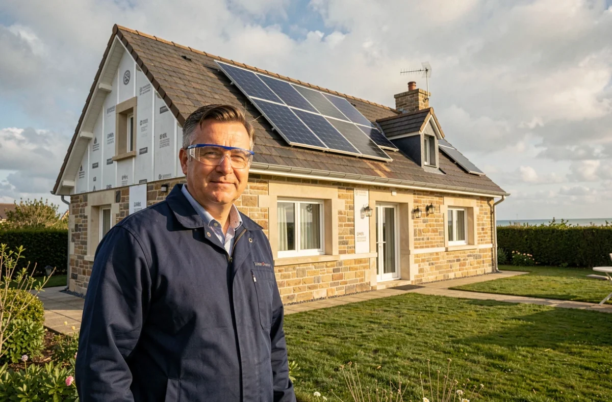 Entrepreneur en rénovation énergétique devant une maison rénovée en Loire-Atlantique avec panneaux solaires et isolation extérieure