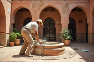 Artisan installant des matériaux d'isolation écologique dans la cour d'un riad en médina lors d'une rénovation énergétique
