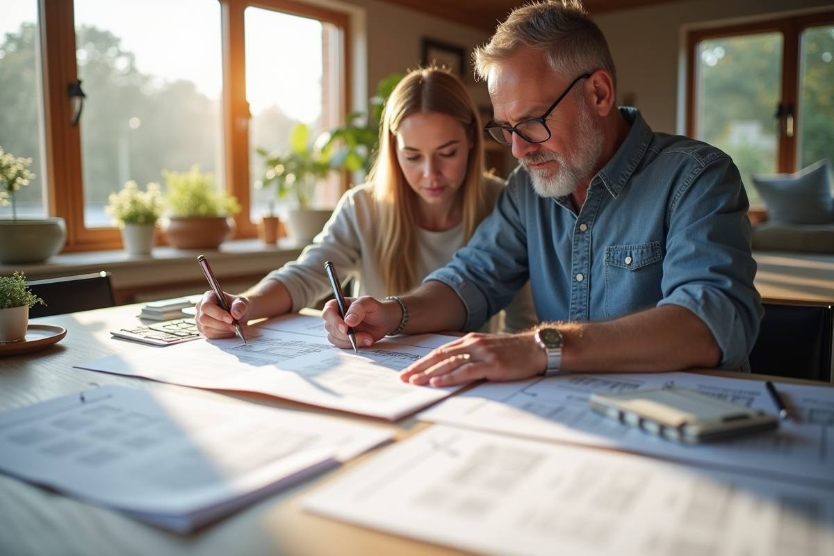 Propriétaire et expert en rénovation discutant plans dans un salon lumineux