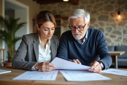 Couple discutant documents de rénovation dans une maison française