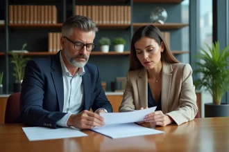Homme en costume bleu et femme en blazer beige discutent d'un contrat