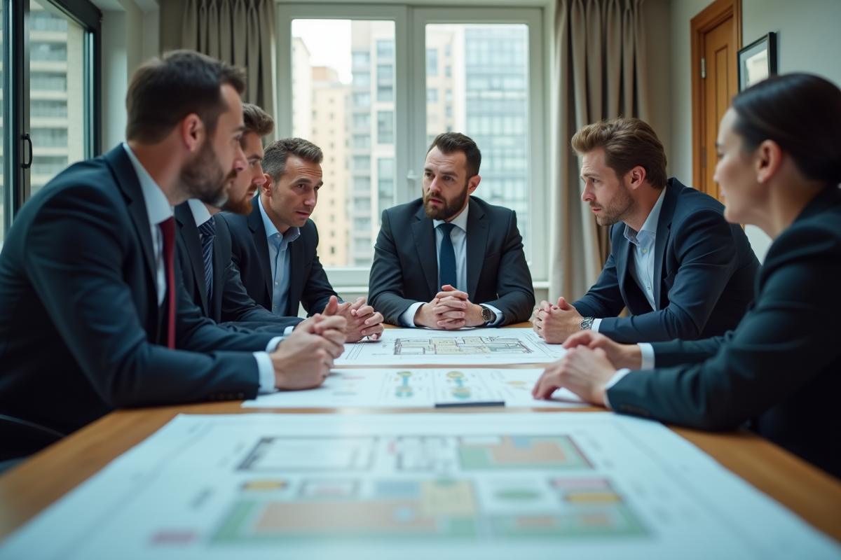 Réunion avec plans immobiliers et discussions sérieuses